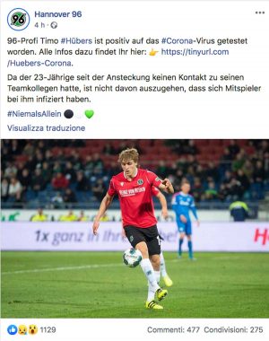 Il post della squadra Hannover 96 che annuncia che Timo Hubers è positivo al coronavirus