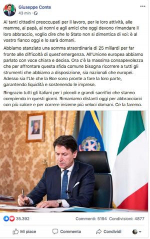 Il presidente del consiglio Giuseppe Conte si rivolge agli italiani con un post su Facebook