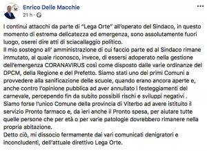 Orte - Coronavirus - Enrico Delle Macchie si dissocia dagli attacchi della Lega al sindaco Giuliani
