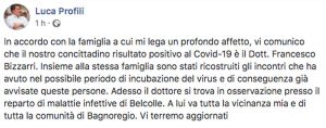Coronavirus a Bagnoregio - Il post del sindaco Luca Profili