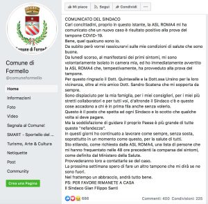 Il messaggio su Facebook del sindaco di Formello Gian Filippo Santi, con cui annuncia di essere positivo al Coronavirus - Clicca per ingrandire