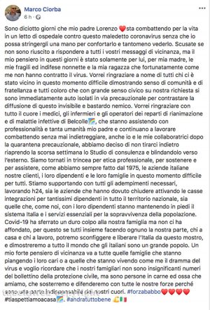 Il post di Marco Ciorba sul padre Lorenzo