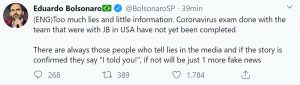 Il Tweet del figlio di Bolsonaro invita ad aspettare il secondo tampone del coronavirus