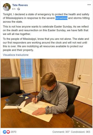 Il governatore Tate Reeves del Mississippi dichiara lo stato di emergenza per il passaggio di diversi tornado