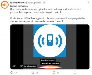 Il Tweet di Alarm phone del 13 aprile sulle imbarcazioni in difficoltà 