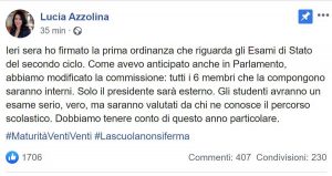 Il post della ministra Azzolina che spiega il "nuovo esame di stato" per via dell'emergenza coronavirus