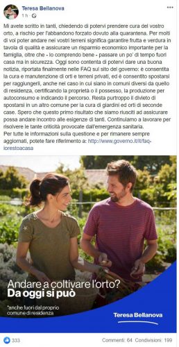 Il post in cui la ministra Bellanova annuncia la possibilità di spostarsi per curare gli orti e i terreni