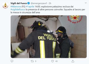 Foggia - Il Tweet dei vigili del fuoco sul crollo della palazzina