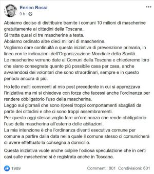 Il post di Enrico Rossi che annuncia l'ordinanza per rendere obbligatorio l'uso delle mascherine