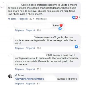 Il post sul profilo Facebook del sindaco Arena in cui un'utente dichiara: "Preferisco godermi le uscite e morire di virus piuttosto che sotto le mani dei tedeschi"