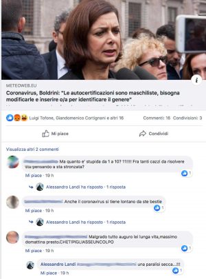 Il post con gli insulti a Laura Boldrini