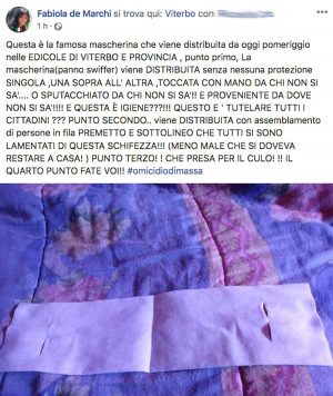Il post di Fabiola De Marchi sulle mascherine 