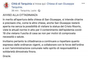 Il post su Facebook del comune di Tarquinia