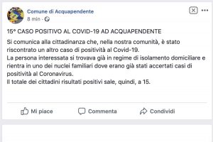 Il post su Facebook del comune di Acquapendente
