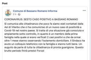 Il post su Facebook del comune di Bassano Romano