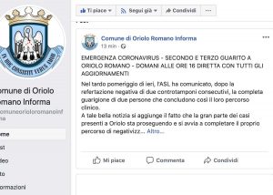 Il post su Facebook del comune di Oriolo Romano