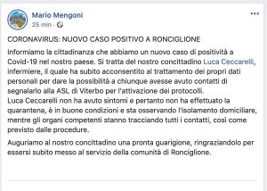 Ronciglione - Il post su Facebook del sindaco Mario Mengoni