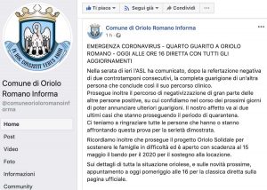 Il post su Facebook del comune di Oriolo Romano