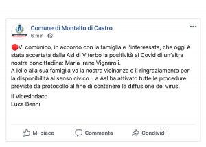 Il post su Facebook del comune di Montalto di Castro