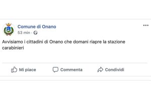 Il post su Facebook del comune di Onano