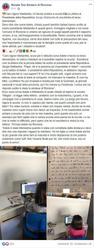 Riccione - Il post della sindaca Renata Tosi che riporta la lettera di Adele