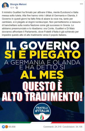 Il post di Giorgia Meloni sull'accordo raggiunto sul Mes