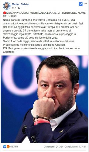 Il post di Matteo Salvini contro l'accordo raggiunto sul Mes