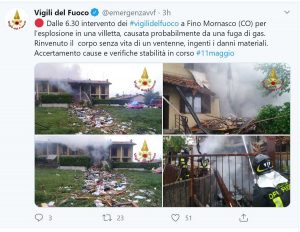 Fino Mornasco - Il Tweet dei vigili del fuoco sull'esplosione di una villetta