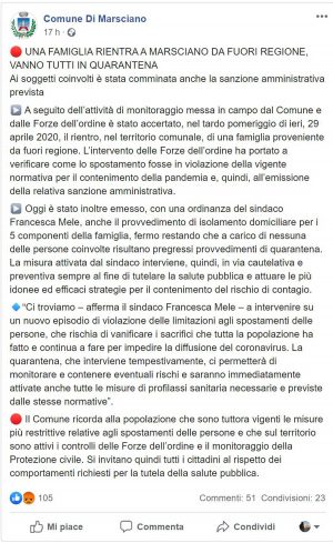 Marsciano - Il post sulla pagina Facebook del comune che racconta la quarantena per la famiglia rientrata da fuori regione