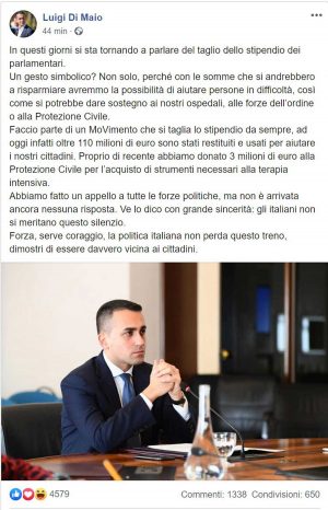Il post in cui Luigi Di Maio dichiara che il taglio allo stipendio dei parlamentari sarà un aiuto per gli ospedali