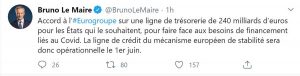 Il Tweet di Bruno Le Maire in merito all'accordo raggiunto sul Mes