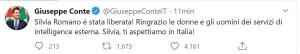Il Tweet del presidente del Consiglio Conte sulla liberazione di Silvia Romano