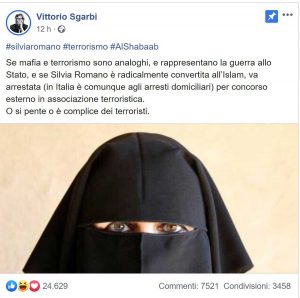 Il post di Vittorio Sgarbi sulla liberazione di Silvia Romano