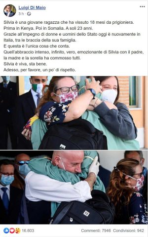 Il post di Luigi Di Maio sulla liberazione di Silvia Romano