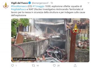 Fino Mornasco - Il Tweet dei vigili del fuoco sull'esplosione di una villetta
