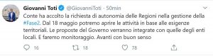 Il Tweet di Giovanni Toti sull'incontro tra governo e regioni e le riaperture dal 18 maggio