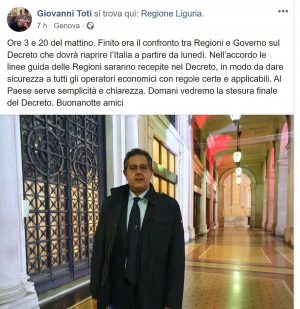 Il post del governatore Toti sull'accordo raggiunto tra governo e regioni