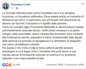 Il post del presidente del Consiglio Giuseppe Conte nella giornata internazionale contro l'omofobia