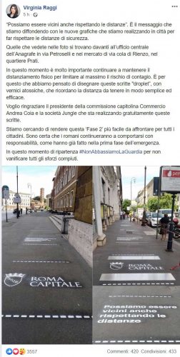 Il post della sindaca Virginia Raggi sulla segnaletica di Roma per la Fase 2