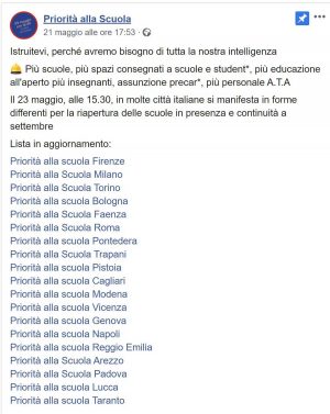Il post sulla pagina Facebook di "Priorità alla scuola"