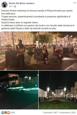 Il post del sindaco di Brescia Emilio Del Bono che chiude i locali alle 21,30