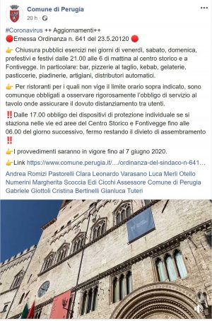 Perugia - Il post del comune che chiude i locali alle 21 nella Fase2 dell'emergenza Coronavirus