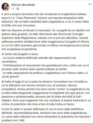 Il post del ministro Alfonso Bonafede sull'Anm
