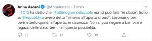Il Tweet della viceministra all'Istruzione Ascani che propone ultimo giorno di scuola all'aperto