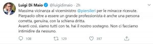 Il Tweet di Luigi Di Maio sulla scorta a Sileri