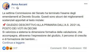 Il post della viceministra Anna Ascani sul decreto scuola