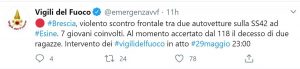Il Tweet dei vigili del fuoco sull'incidente a Esine