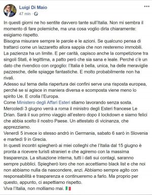 Il post di Luigi Di Maio sulla riapertura differenziata dei confini dei paesi Ue
