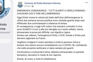 Il post su Facebook del comune di Oriolo Romano
