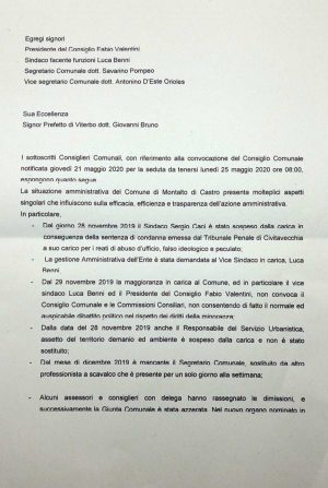 La lettera dei consiglieri per chiedere il rinvio della seduta di domani 